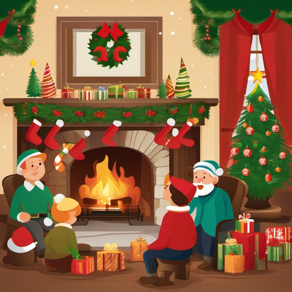 Happy Holidays clipart - holiday gathering around a fireplace  