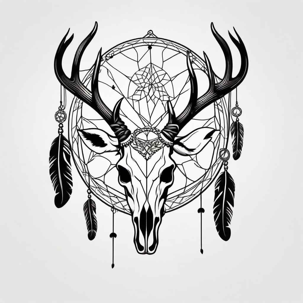 Deer Skull Dream Catcher Tattoo - Tattoo combining a dream catcher with deer skull motifs.  simple vector tattoo,minimalist,white background