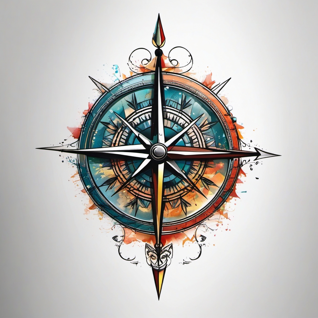 Arrow through a compass rose ink. Direction and precision in art.  color tattoo design, white background