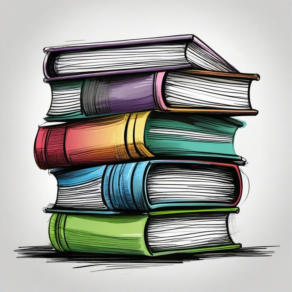 drawing of a stack of colorful books  minimal rough sketch scribbles,doodles,black and white