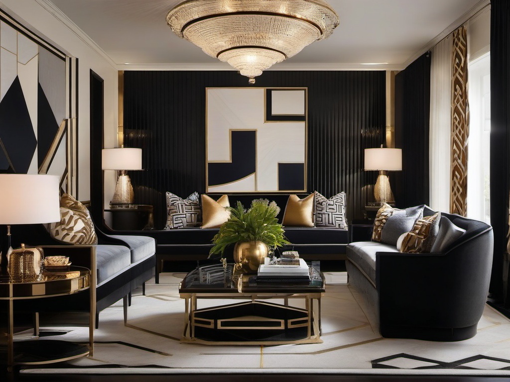 Art Deco living room includes geometric patterns, plush seating, and a statement chandelier, providing a touch of glamour and sophistication.  