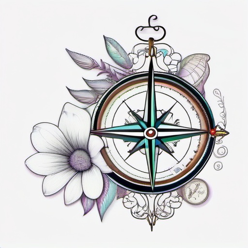 Compass, flowers  ,tattoo design, white background