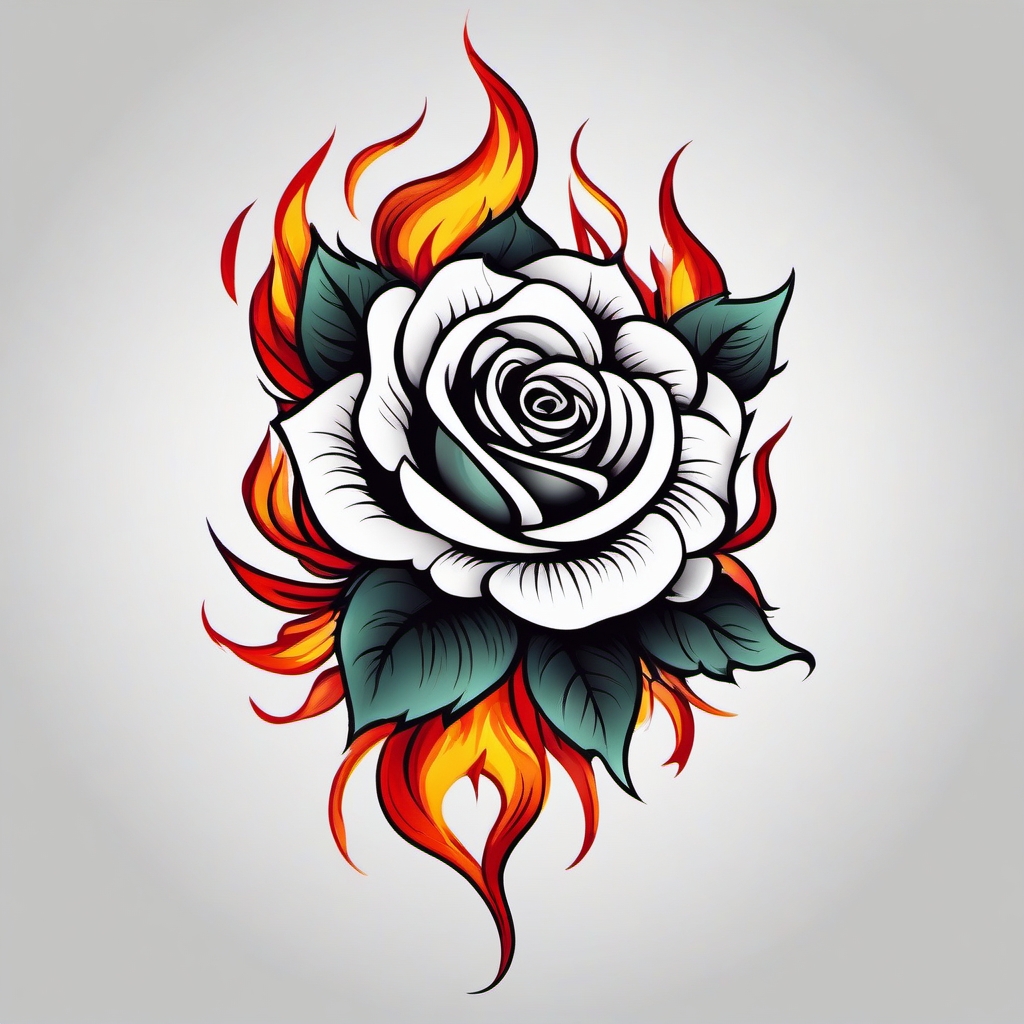 rose and fire tattoo  simple color tattoo style,white background