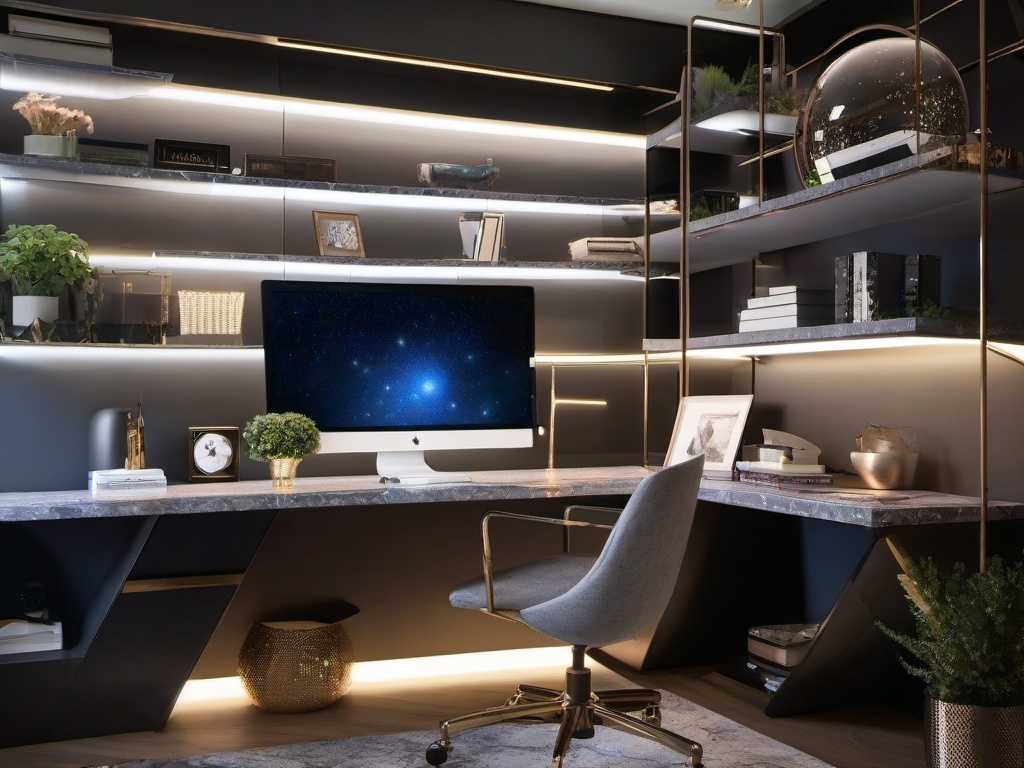 The home office exemplifies cosmic chic interior design, featuring a desk with galaxy-inspired patterns, modern shelving, and ambient lighting that inspires creativity and focus.  