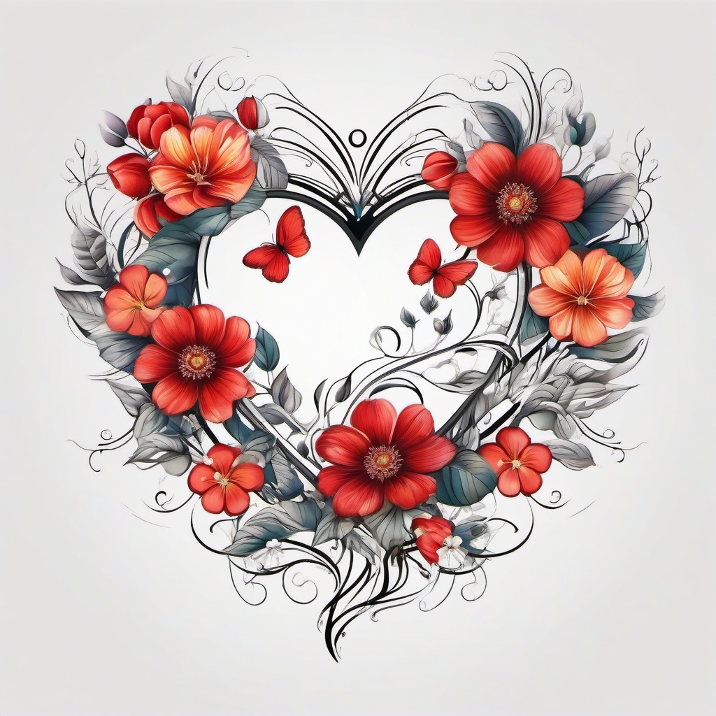 Flower heart tattoo, Heart intertwined with blossoming flowers, symbolizing the blooming beauty of love. , tattoo color art, clean white background