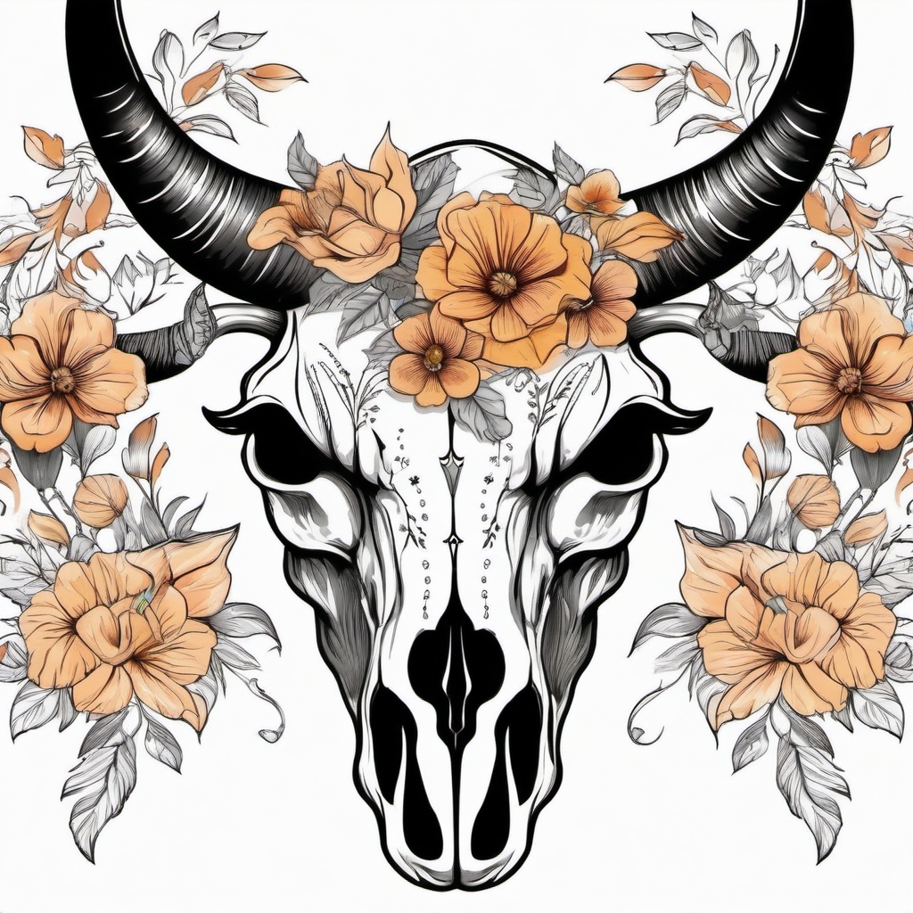 Bull skull with floral wreath ink. Blooms of strength in untamed beauty.  color tattoo design, white background