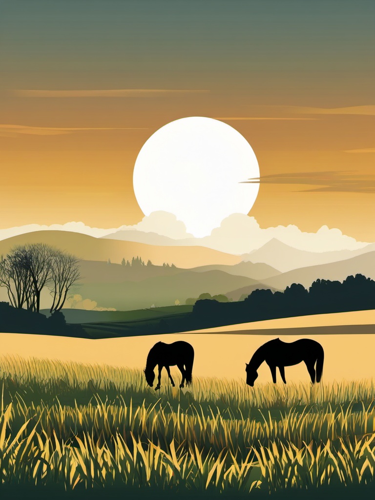 Horses in the Field clipart - Horses grazing in a field, ,vector color clipart,minimal