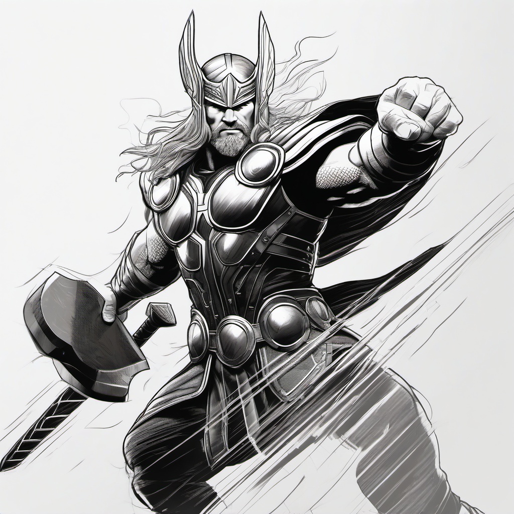 drawing of Thor in a battle stance  minimal rough sketch scribbles,doodles,black and white