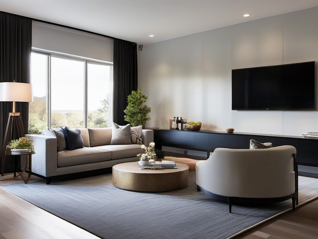 Contemporary living room showcases a comfortable sofa, accent chairs, and a sleek TV stand, perfect for casual family gatherings and entertainment.  