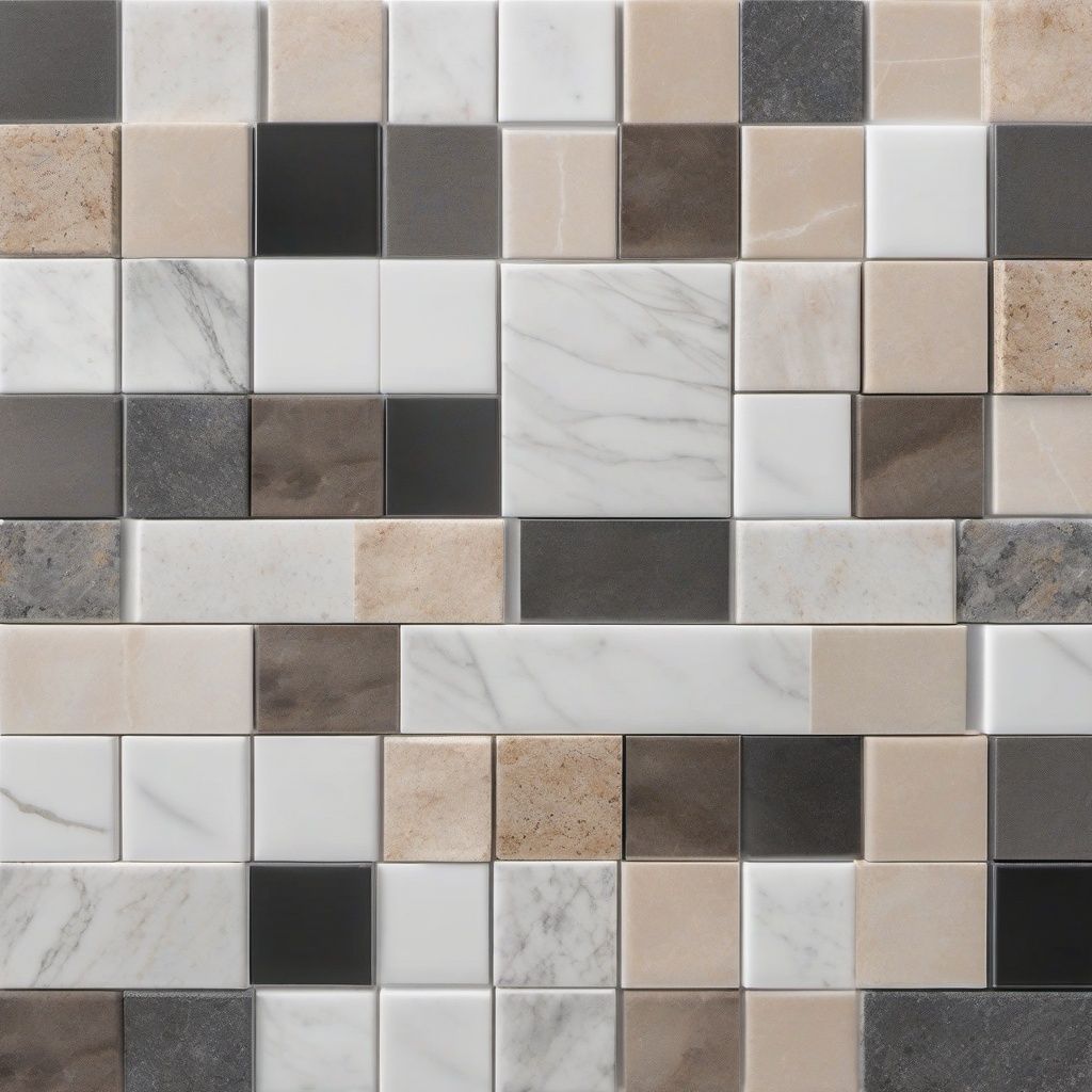 Porcelain and marble and granite and travertine and granite stacked bond tile layout top view, product photoshoot realistic background, hyper detail, high resolution