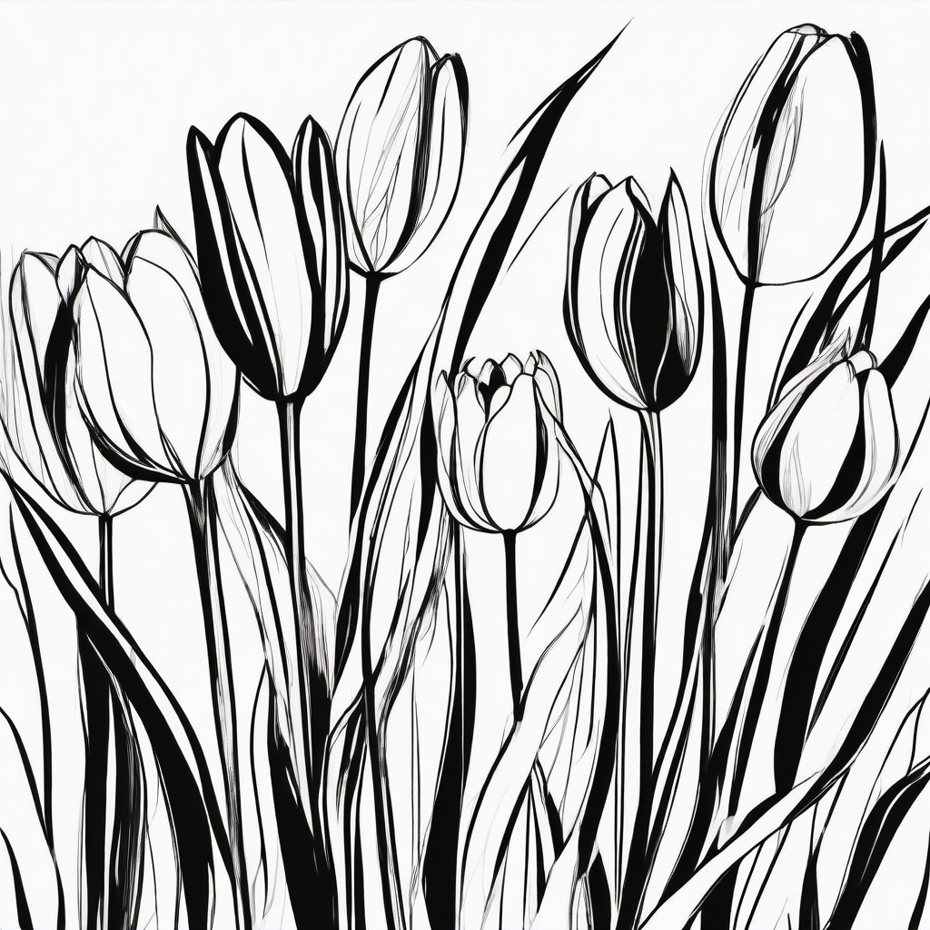 drawing of tulips with a sunset  minimal rough sketch scribbles,doodles,black and white