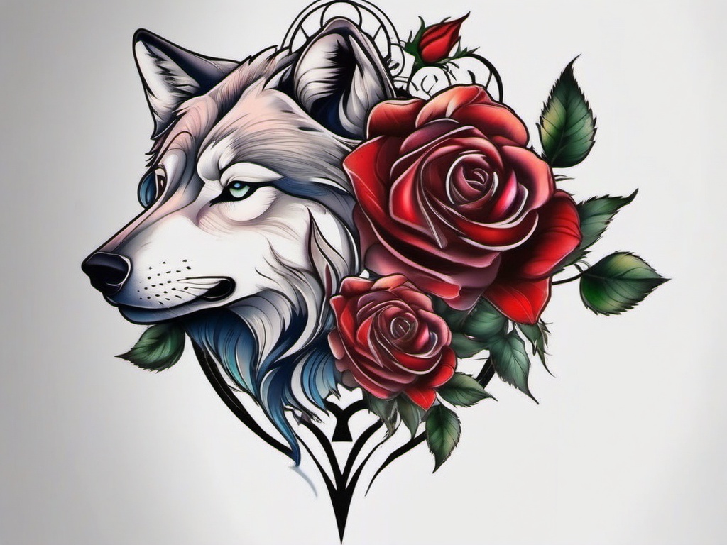 Wolf Rose Tattoo,fusion of the wolf and the rose, perfect blend of the wild and the delicate. , color tattoo design, white clean background