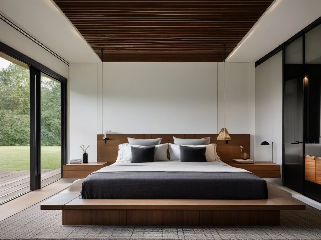 The master bedroom embraces Bauhaus interior design with a low-profile bed, natural materials, and geometric textiles that create a peaceful and uncluttered haven for restful nights.  