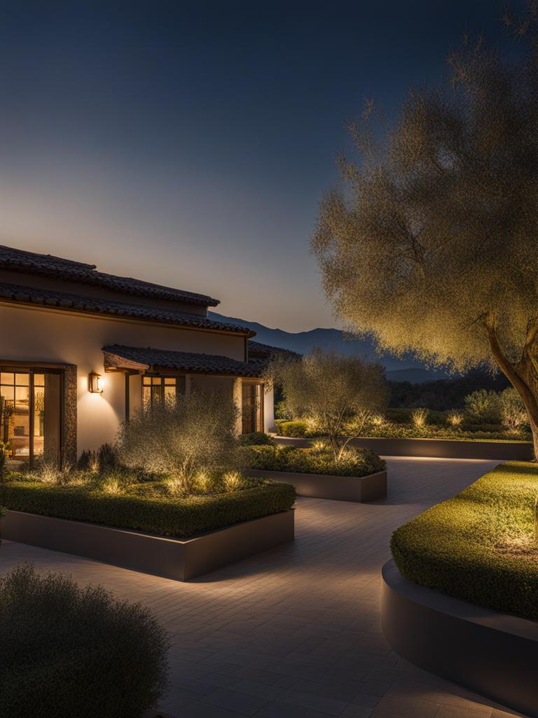 kagawa olive garden - illustrate a tranquil night scene at kagawa olive garden, with its beautifully lit olive trees and serene mediterranean-inspired landscapes. 