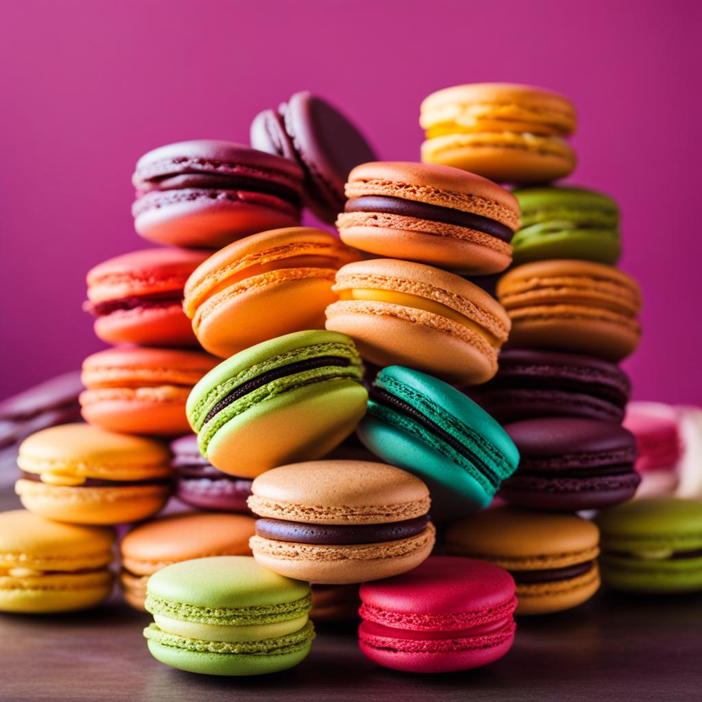 a tower of colorful rainbow macarons, each with a vibrant hue and unique flavor. 