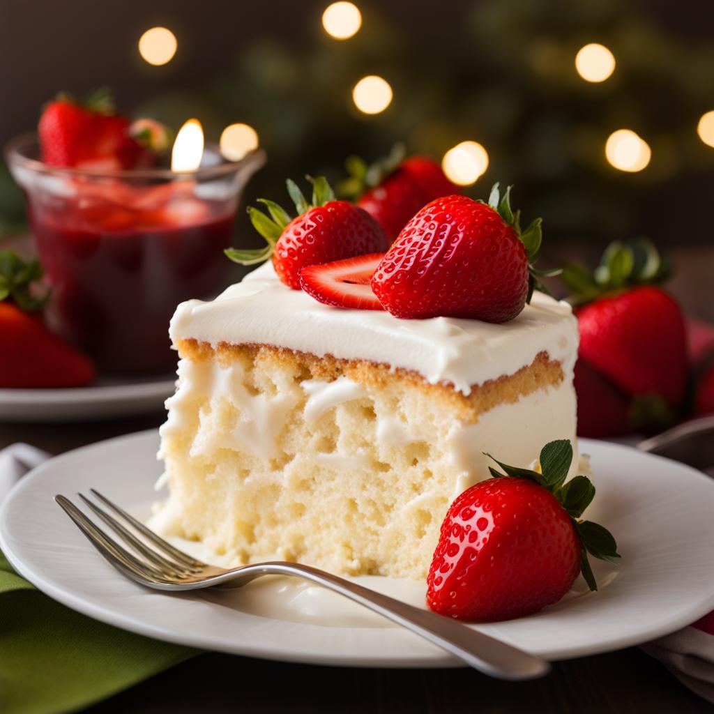 tres leches cake at a family gathering - delighting in creamy tres leches cake topped with strawberries at a warm family gathering. 