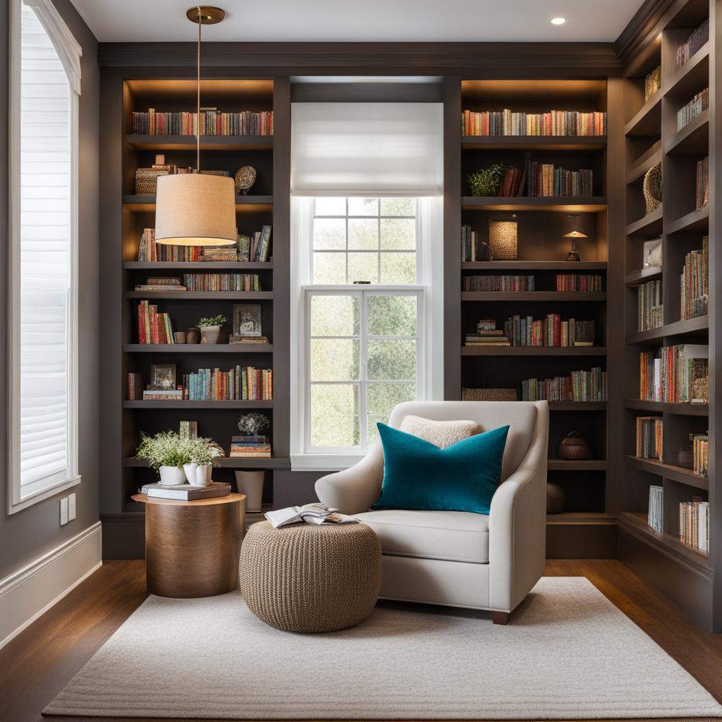 cozy reading nook with built-in bookshelves and a plush reading chair. 