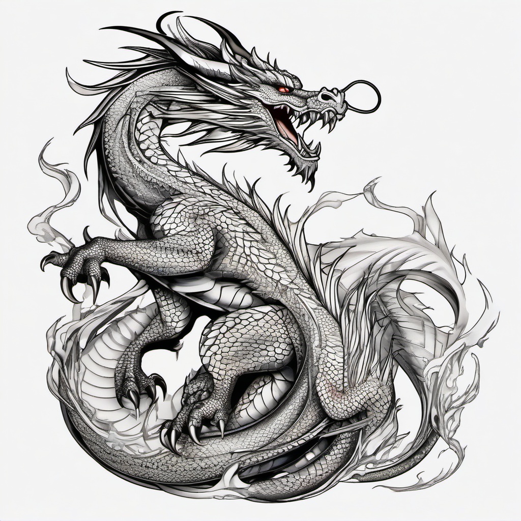 Dragon tattoo, Fearsome dragon tattoo, guardian of hidden treasures and power. , tattoo color art, clean white background