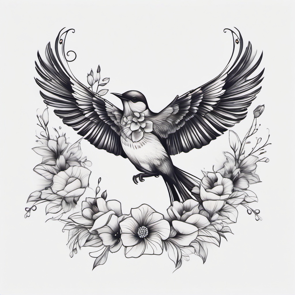 Bird Tattoo With Flowers - Bird adorned with flowers  minimal tattoo design, white background