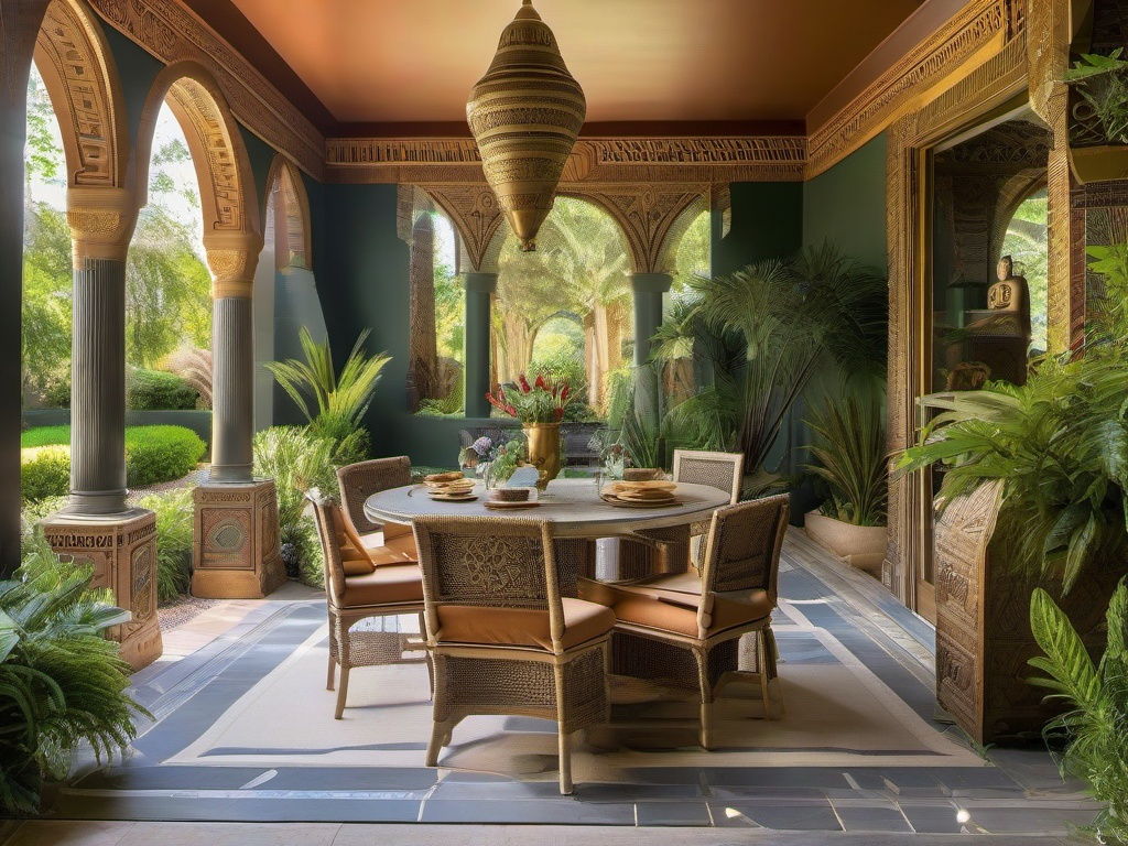 In the garden, Egyptian Revival interior design highlights ornamental landscaping, vibrant decor, and unique features that create a stunning outdoor retreat.  