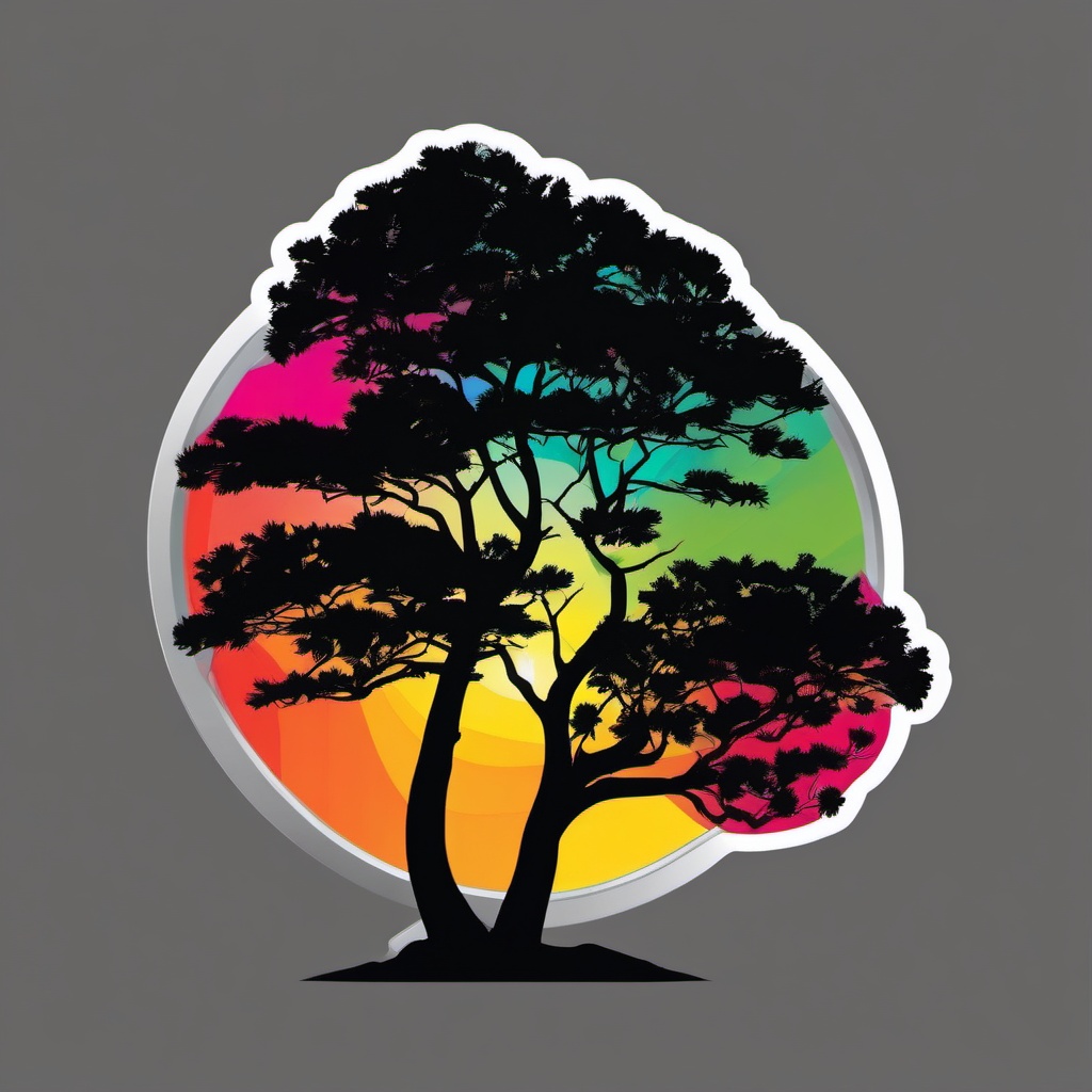 Tree Silhouette Sticker - Silhouetted tree against a colorful background, ,vector color sticker art,minimal