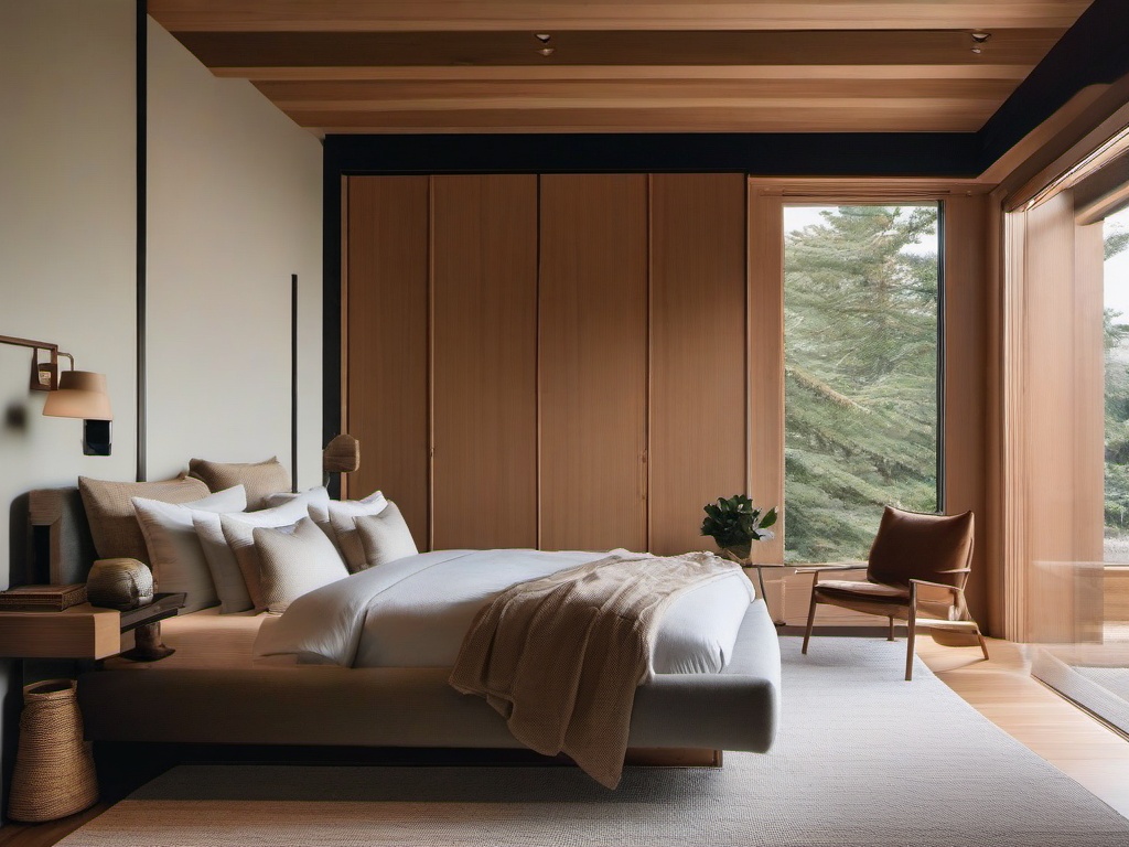 In the guest bedroom, Japandi interior design offers a warm atmosphere with soft textiles, functional furnishings, and a calming color palette that make visitors feel at home.  