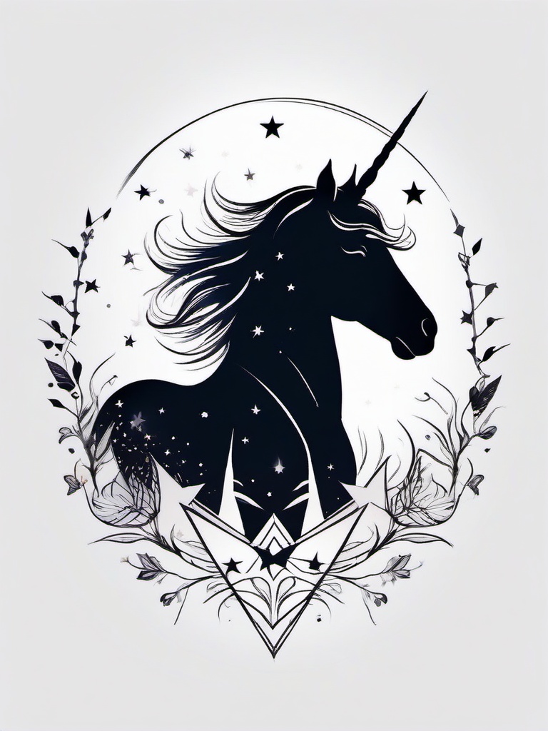 Unicorn & Stars Tattoo - Symbolizes magic, dreams, and innocence  minimal tattoo design,white background