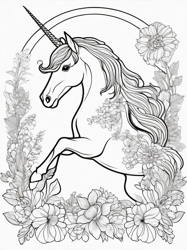 Unicorn and Flowers Coloring Pages - Floral Surroundings with a Magical Unicorn  minimal black outline printable sheet, coloring page