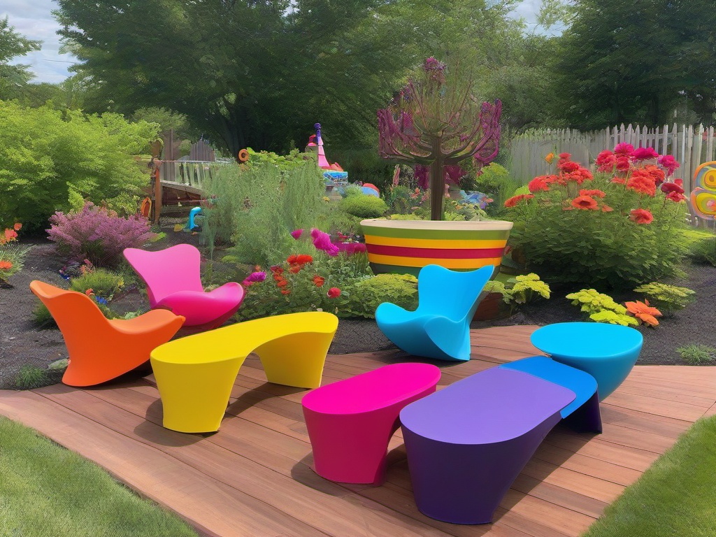 Candy Land garden features vibrant flowerbeds, whimsical garden furniture, and colorful decor, creating a joyful outdoor space for relaxation and play.  