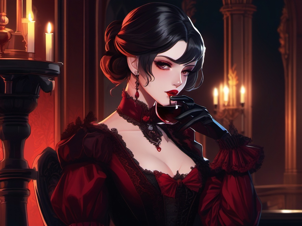 Elegant vampire character, dressed in Victorian attire, elegantly sipping blood-red wine in a dimly lit Gothic castle.  front facing ,centered portrait shot, cute anime color style, pfp, full face visible