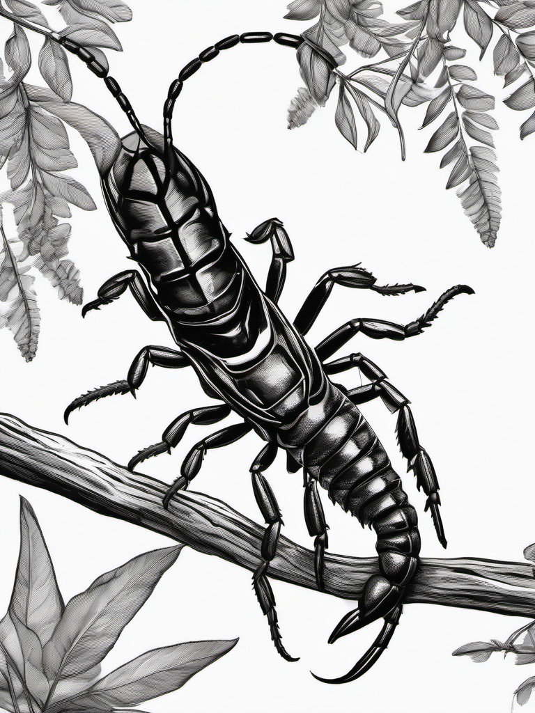 drawing of a scorpion on a tree branch  minimal rough sketch scribbles,doodles,black and white