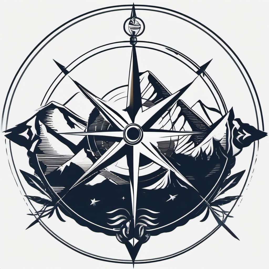 Compass with Mountain Tattoo - Compass tattoo with mountain elements.  simple vector tattoo,minimalist,white background