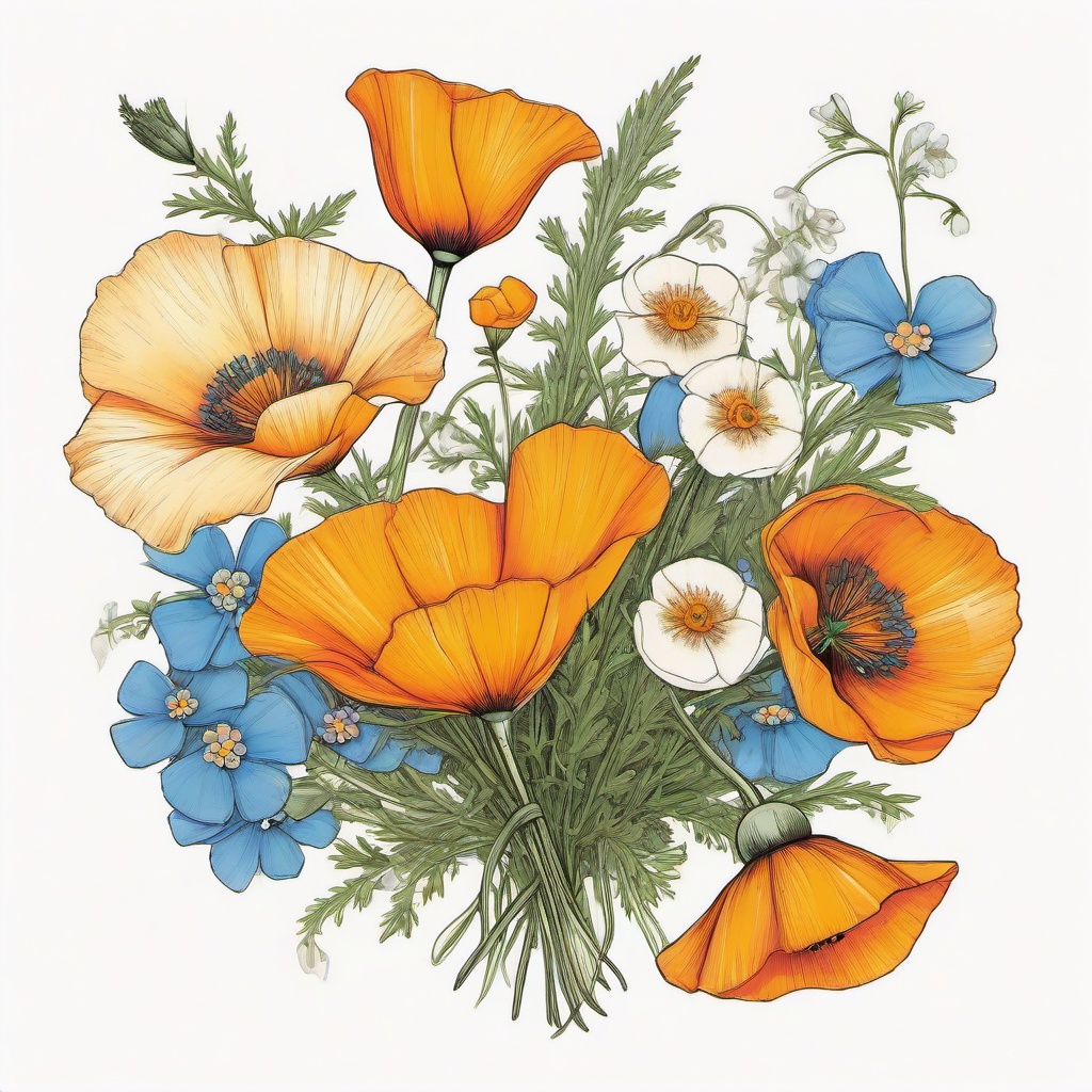 California poppy, forget me knot, bouquet   ,tattoo design, white background