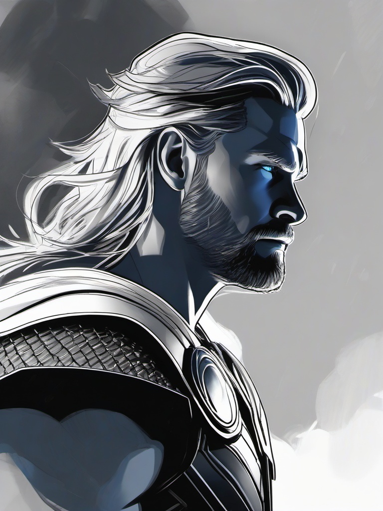 drawing of Thor with glowing blue eyes  minimal rough sketch scribbles,doodles,black and white