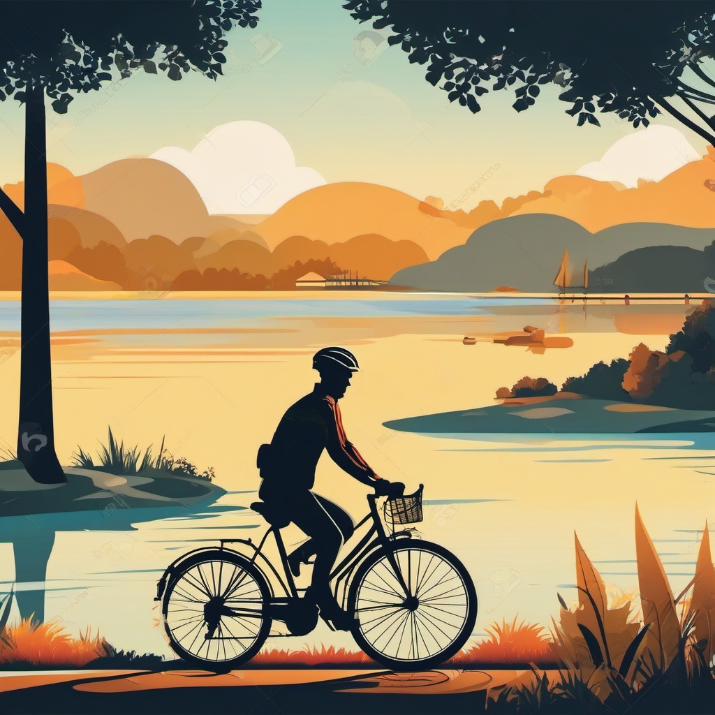 Bicycle Ride clipart - A cyclist riding a bike on a lakeside path., ,vector color clipart,minimal