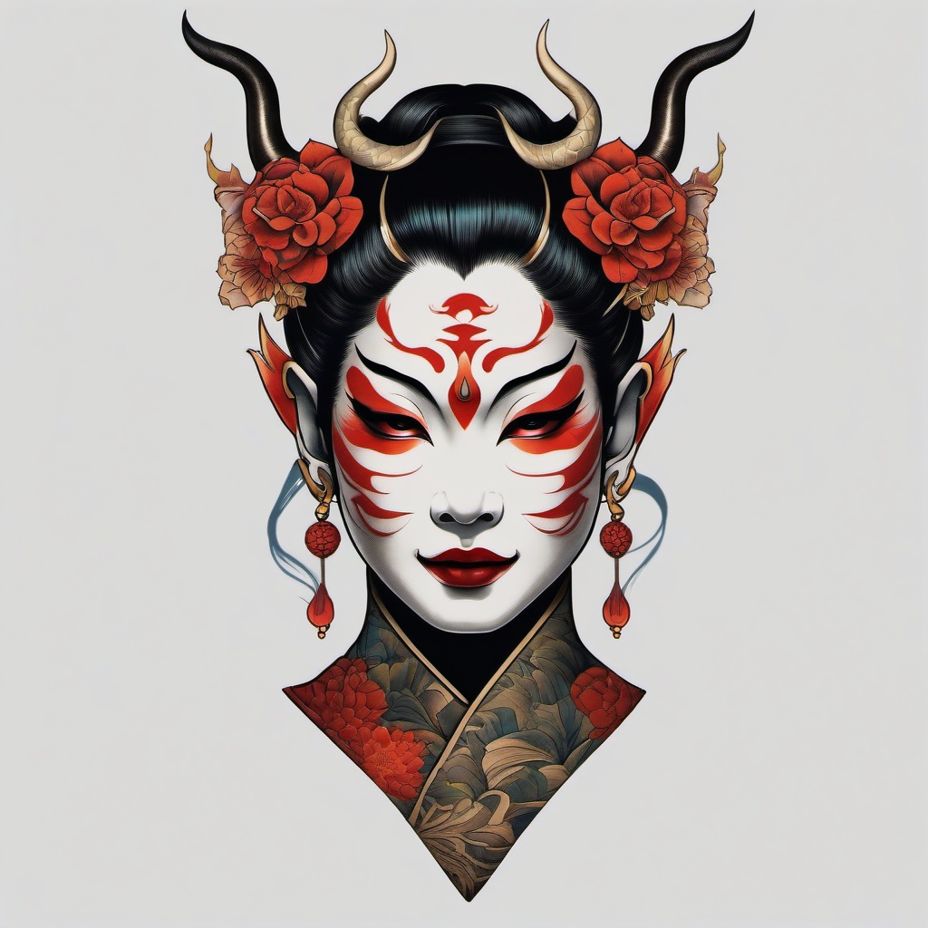 hannya woman tattoo  simple color tattoo,white background,minimal