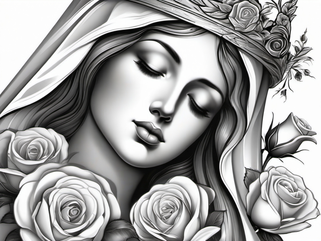 Holy Mary with roses ink: Blooms of purity and devotion in Catholic art.  black white tattoo, white background