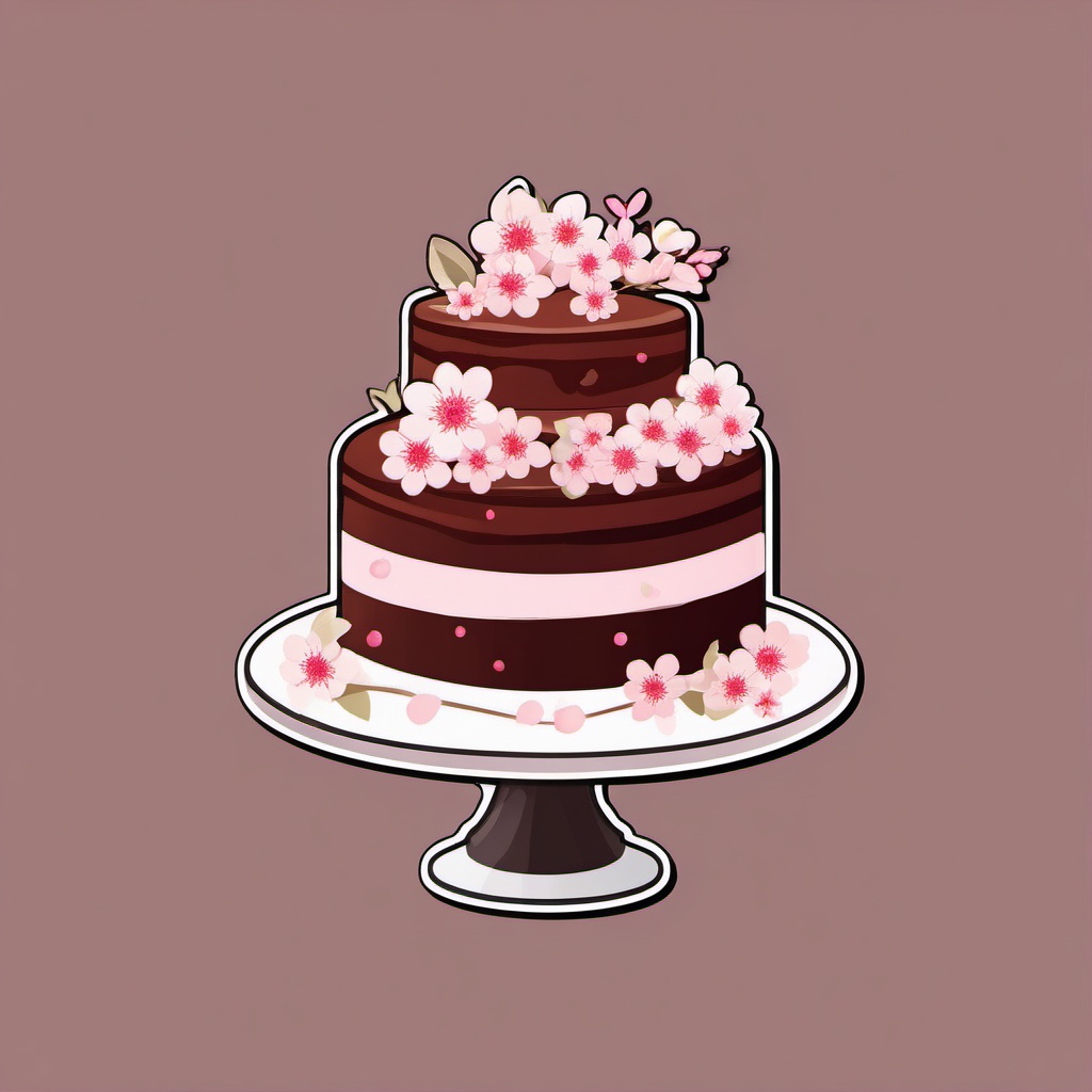 Cake with Cherry Blossoms Sticker - Cake adorned with delicate cherry blossoms, ,vector color sticker art,minimal