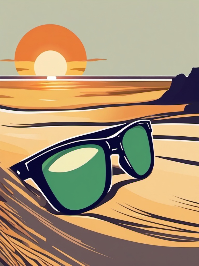 Sunglasses on Beach Sticker - Sunglasses placed on sandy beach, ,vector color sticker art,minimal