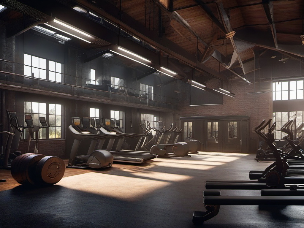 In the gym room, Post-Apocalyptic interior design includes industrial equipment, rugged decor, and an engaging atmosphere that motivates workouts and fitness activities.  