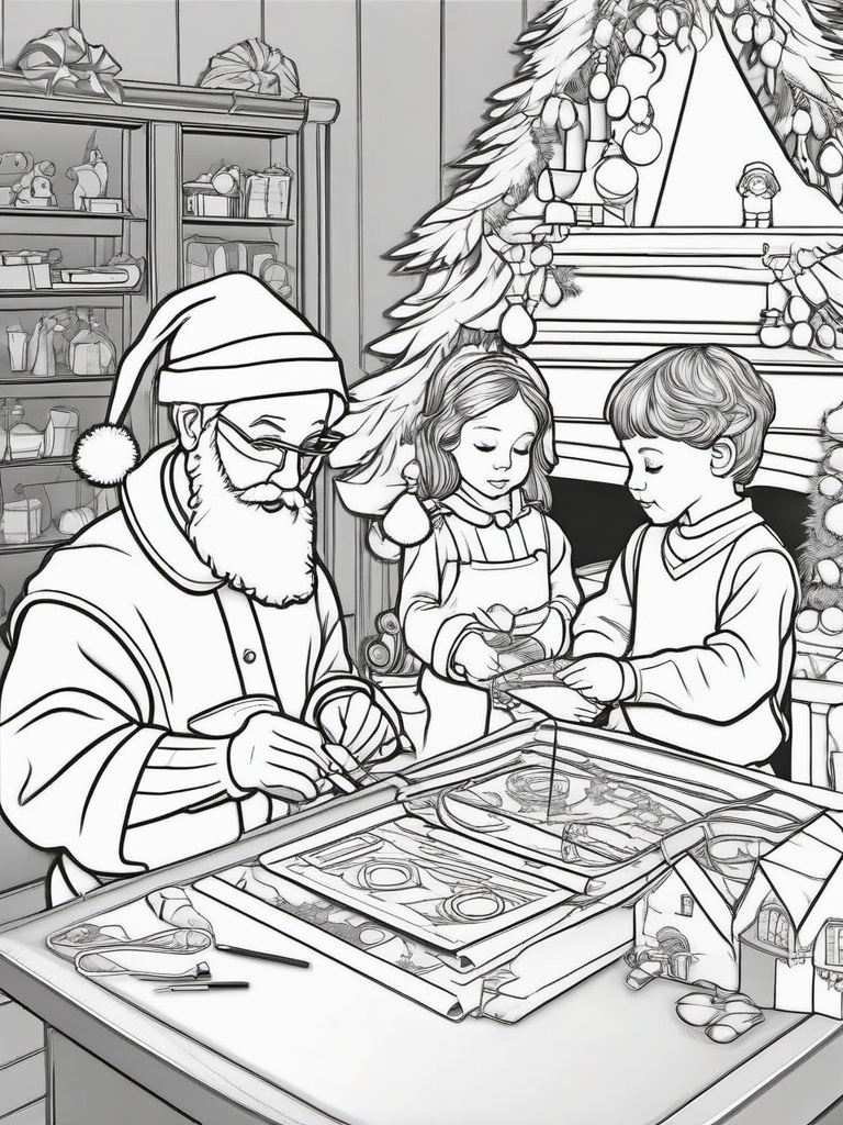 Santa's Workshop Coloring Pages - Elves Making Toys for Good Children  minimal black outline printable sheet, coloring page