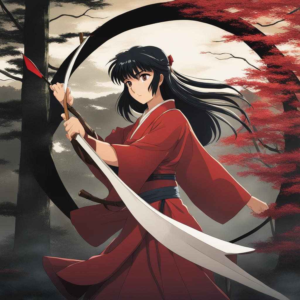 kagome higurashi aims an arrow at menacing youkai in a mystical feudal japan. 