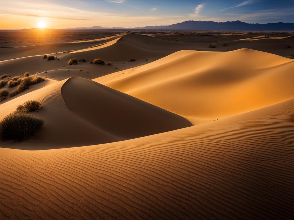 desert oasis, capturing the stark beauty of sand dunes, oases, and endless horizons. 