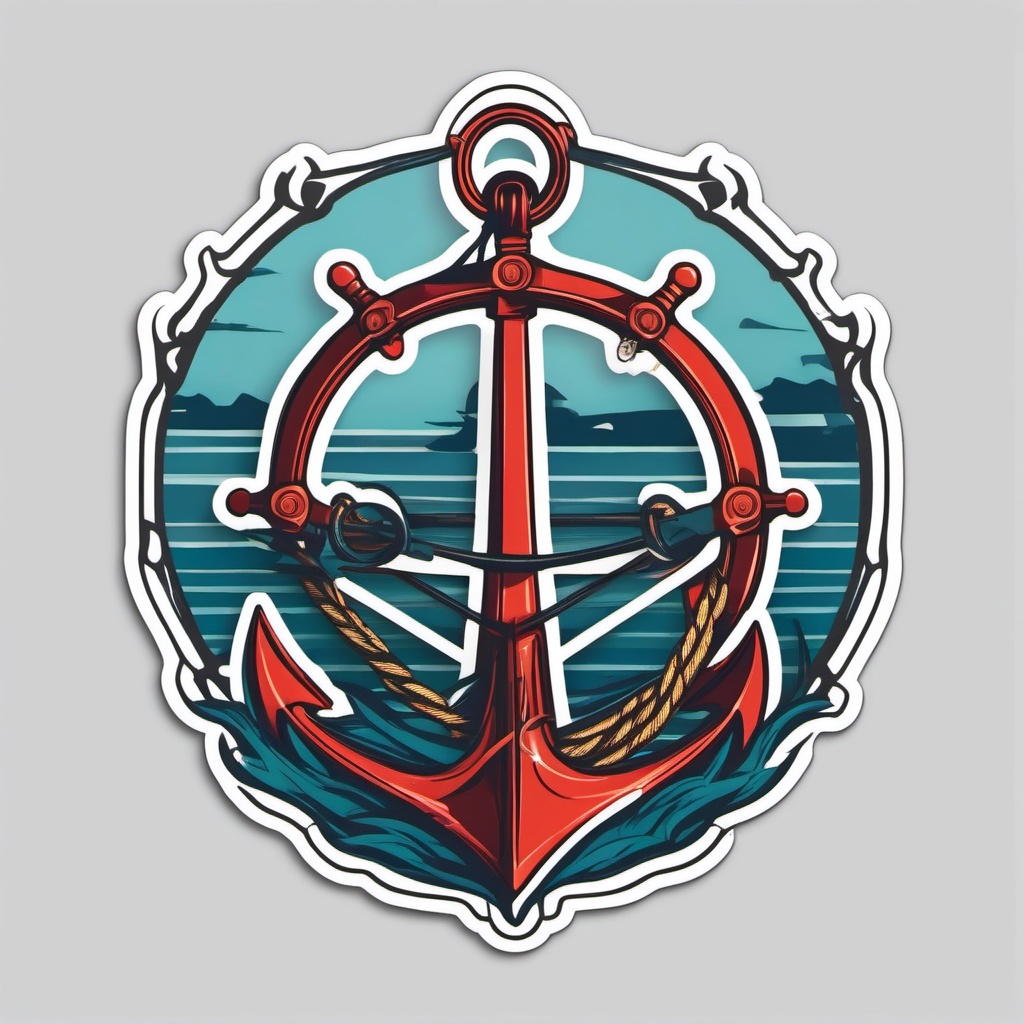 Anchor and Wheel Sticker - Nautical anchor with a ship's wheel, ,vector color sticker art,minimal