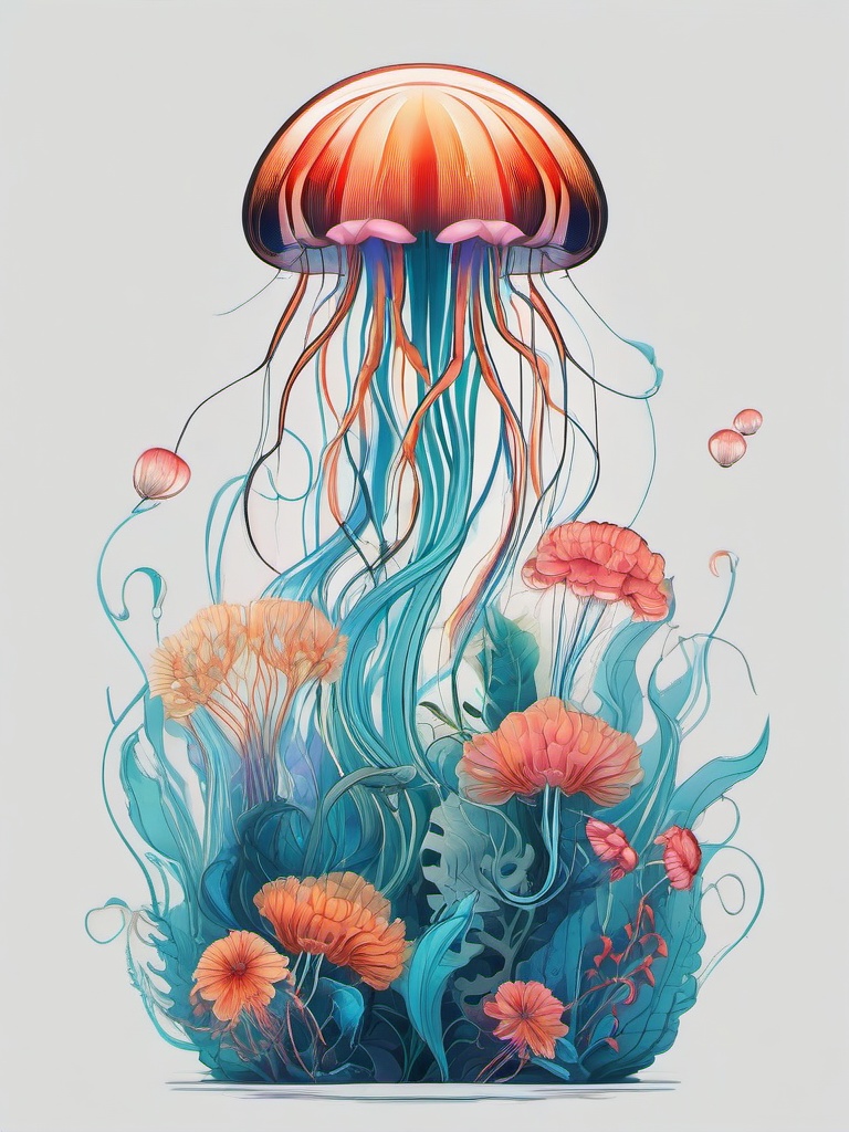 Jellyfish Flower Tattoo - Merge marine life with botanical beauty.  minimalist color tattoo, vector
