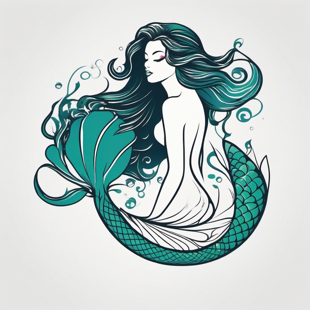 Minimalist Mermaid Tattoo - Showcase elegance and simplicity with a minimalist approach to a mermaid-themed tattoo.  simple vector color tattoo,minimal,white background