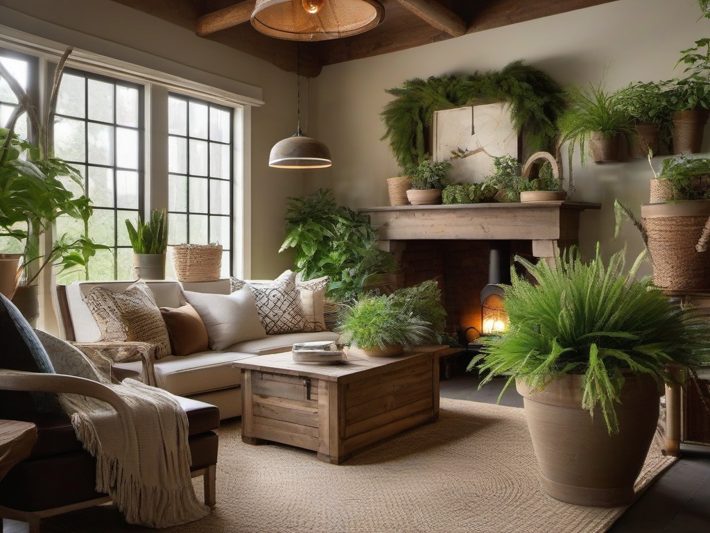 The garden room showcases rustic interior design with a mix of natural materials, potted plants, and rustic decor that brings warmth and beauty to indoor gardening.  