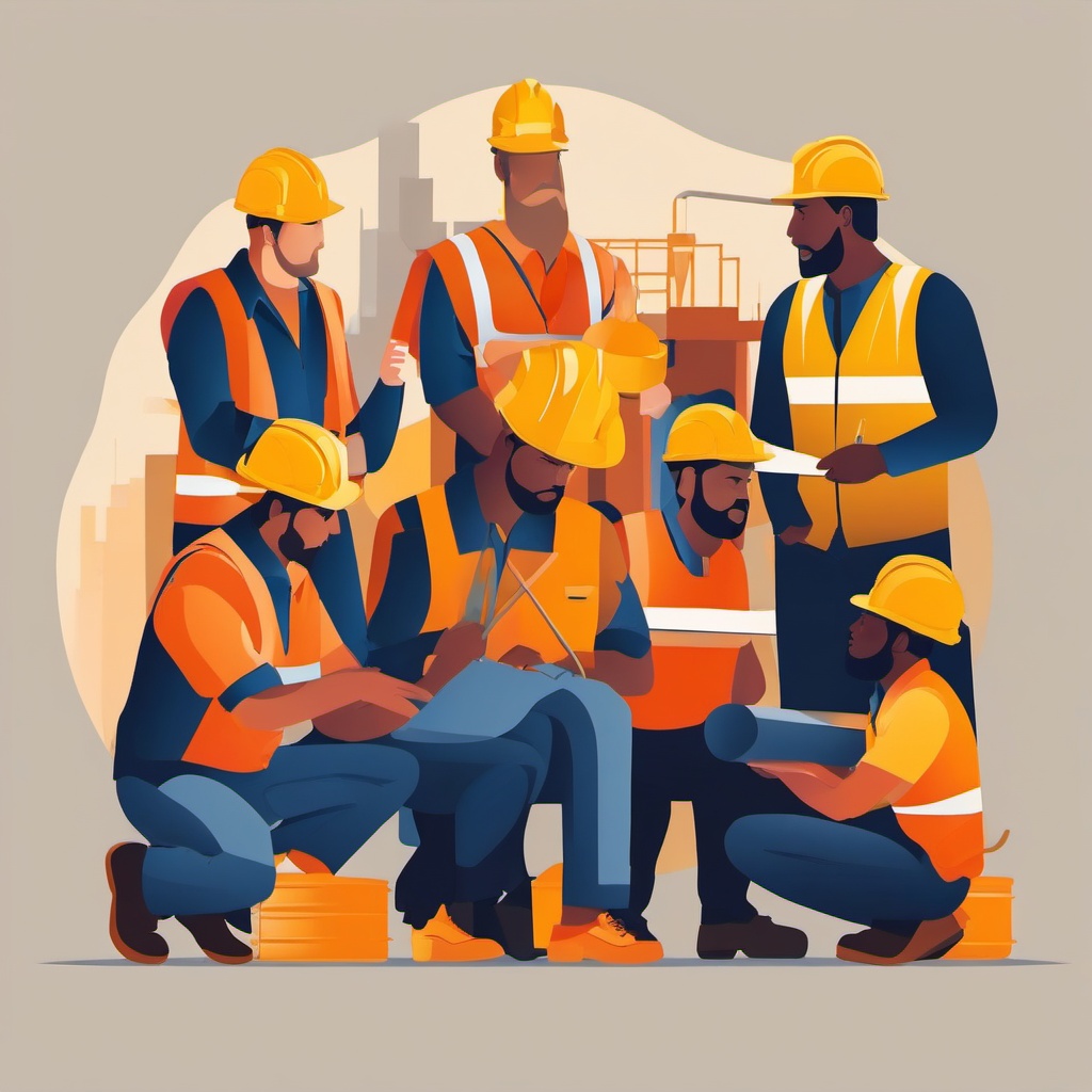 Construction Crew Meeting clipart - A team of construction workers in a huddle., ,vector color clipart,minimal