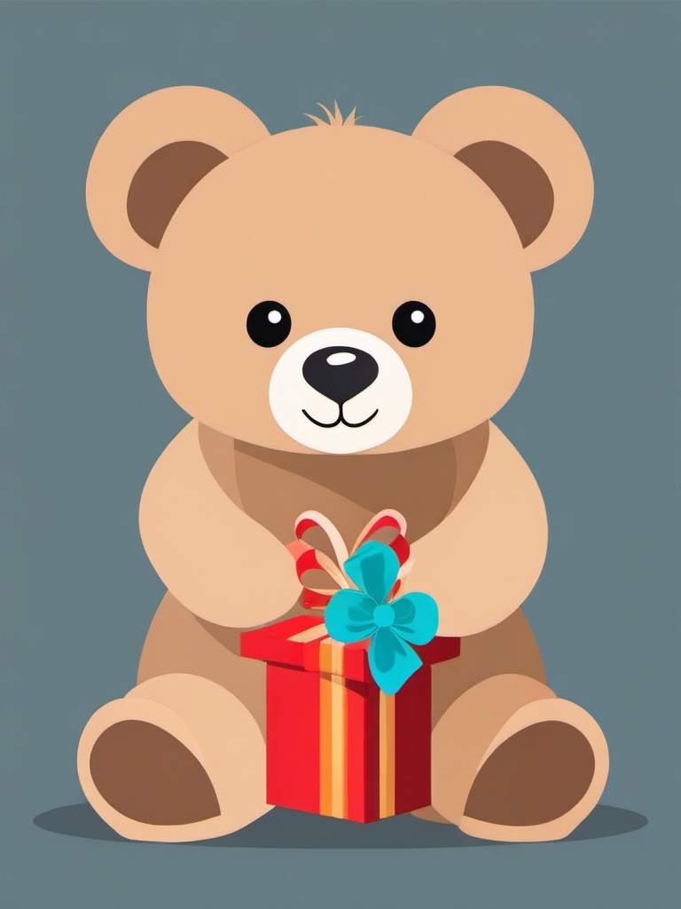 Teddy Bear clipart - teddy bear holding a gift box  color,minimalist,vector clipart