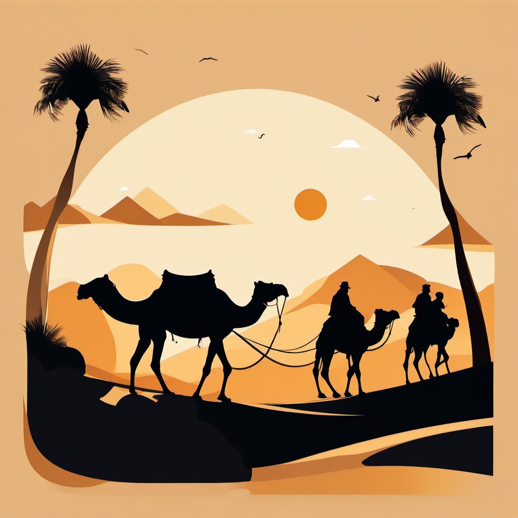 Camel Caravan Clip Art - Camel caravan in the desert,  color vector clipart, minimal style